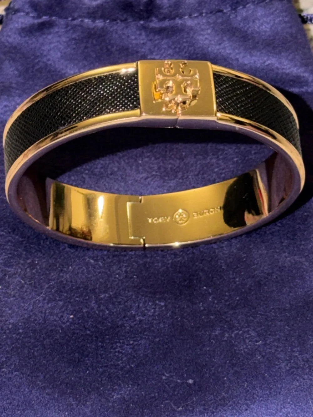 TORY BURCH Gold & Black Enamel Leather Hinged Bangle with Signature 3D Gold Logo